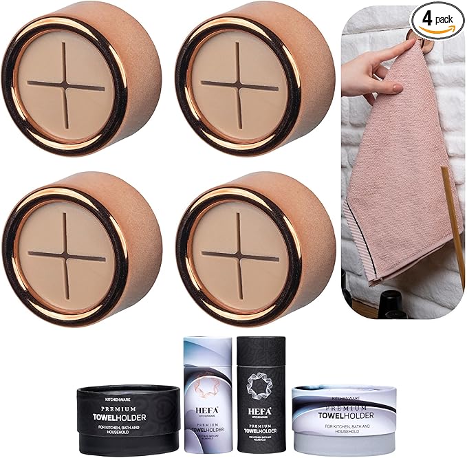 HEFA Modern Elegant 4 Pack Towel Hooks, Rose Gold, Plastic, Wall Mount, 2 Pounds Max Weight, Kitchen, Bathroom