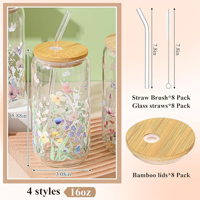 Mumufy 8 Pack Gift for Women Wild Flower Glass Cup Tumbler Butterfly Iced Coffee Mugs 16 oz Glass with Bamboo Lid & Straw, Christmas Mothers Day Birthday Gift for Mom Sister Bridesmaid Baby Shower