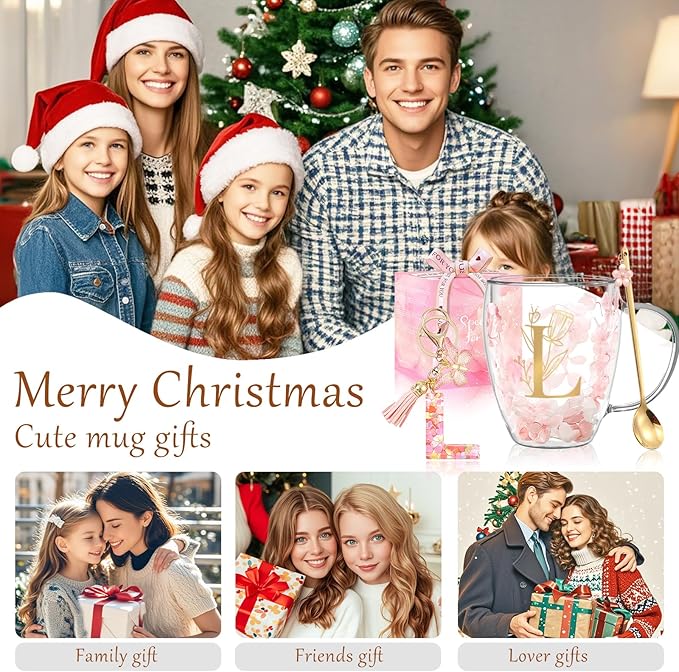 Personalized Gifts for Women Flower Double Wall Cute Novelty Monogrammed Glass Coffee Mug Tea Cup with Spoon Customized Wedding Favors Unique Christmas Birthday Gifts for Bride Wife Friends Sisters(L)