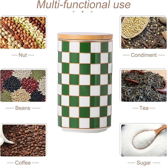 Kitchen Countertop Ceramic Checkered Canisters,Black And White Food Storage Containers With Lid,Airtight Kitchen Canisters for Flour, Sugar, Coffee, Tea, and Dry Goods (Green, Large)