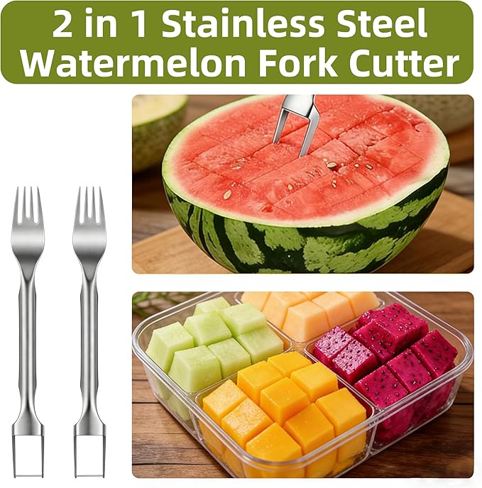 Watermelon Fork Slicer Cutter, 2PCS Stainless Steel 2-in-1 Watermelon Cutter, Portable Watermelon Fork Watermelon Cutter Slicer Tool Fruit Forks Slicer for Home Party Camping Kitchen Gadget