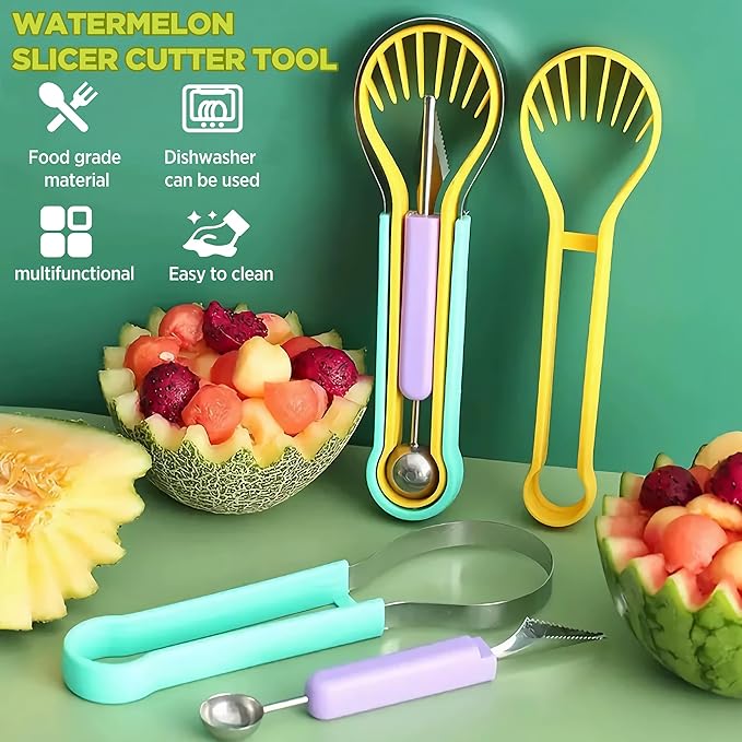 2 PCS Melon Baller Scoop Set, 4 in 1 Stainless Steel Stainless Steel Fruit Tool Set, Fruit Carving Tools for Dig Pulp Separator, Watermelon Cutter Slicer Fruit Scooper (Green + Purple)