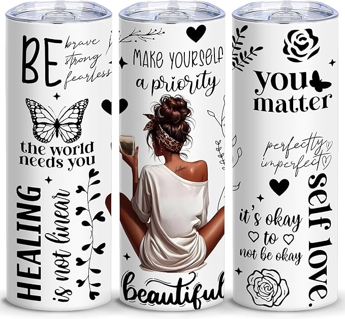ATHAND Black Women Girl Tumbler,20 OZ African American Insulated Stainless Steel Skinny Iced Coffee Tumblers with Lid,Love Yourself Inspirational Gifts for Friend,Women,Girls,Mom,1 Pcs