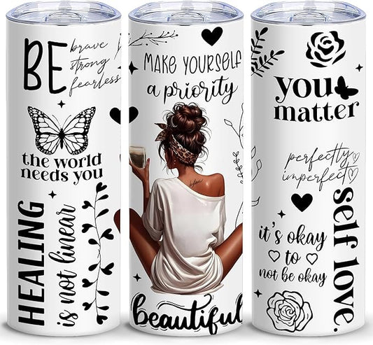 ATHAND Black Women Girl Tumbler,20 OZ African American Insulated Stainless Steel Skinny Iced Coffee Tumblers with Lid,Love Yourself Inspirational Gifts for Friend,Women,Girls,Mom,1 Pcs