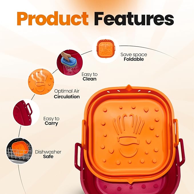 Platinum Silicone Air Fryer Liners Reusable Square-Extra Strong-Easy to Clean Air Fryer basket for Oven Microwave Accessories - BPA Free - Food Safe Pot for 5.8QT to 8 QT - 9 Inch
