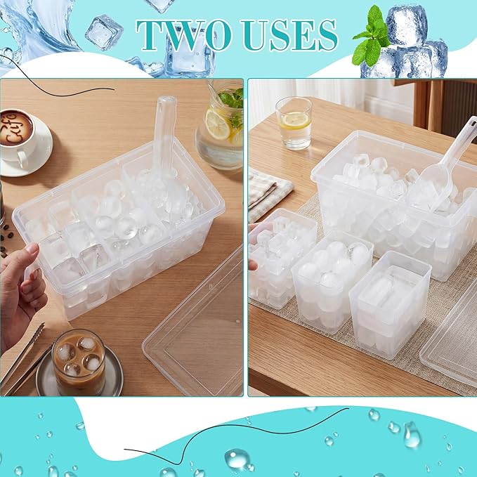 Havawish 3 Divided Ice Bin for Freezer Bucket Ice Container for Freezer with Lid and Scoop Set Ices Storage Container Plastic Clear Pull out Handle Organizer Cubes Cabinet, 10.83 x 5.91 x 6.1 Inches