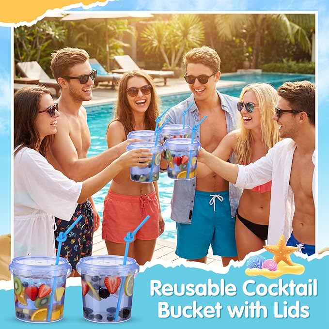 Funnymoom 24 Pack 32 oz Plastic Rum Buckets for Drinks with Straws Ice Cream Cocktail Bucket with Lids and Handles Reusable Food Containers Cup for Parties Summer Beach Bar Beer (Blue)