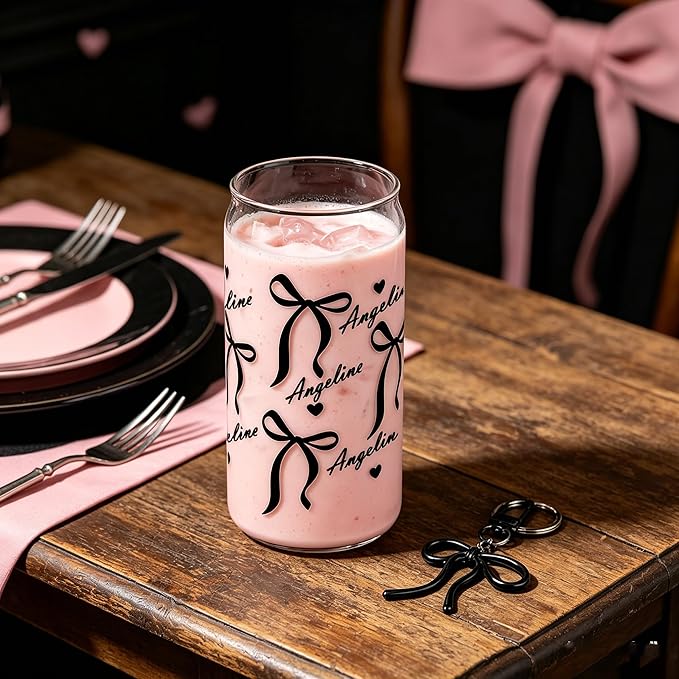 Mason Life Personalized Cups with Coquette Bows-Can Shaped Glass with Lids and Straws-18OZ Iced Coffee Cups -Cute Glass Tumbler Birthday Thanksgiving Christmas Gift for Women