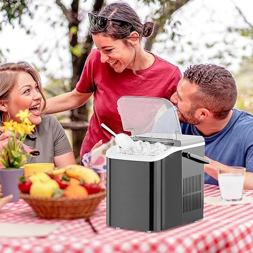 Ice Makers Countertop, Portable Ice Machine with Handle, 6 Mins 9 Bullet Ice Cubes with Basket and Scoop, 26lbs in 24Hrs, Auto-Cleaning, for Home, Kitchen, RV, Camping, Black