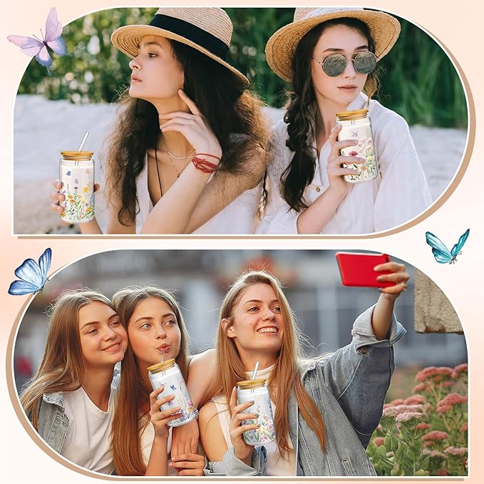 Mumufy 8 Pack Gift for Women Wild Flower Glass Cup Tumbler Butterfly Iced Coffee Mugs 16 oz Glass with Bamboo Lid & Straw, Christmas Mothers Day Birthday Gift for Mom Sister Bridesmaid Baby Shower