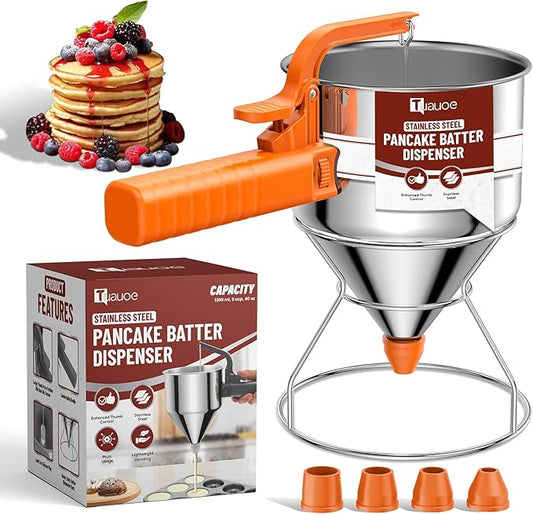 Stainless Steel Pancake Batter Dispenser, 40oz Batter Dispenser with Squeeze Handle, Great for Pancakes, Cupcake, Waffle or Any Baked Goods, Durable, Leak-Free, Cosmic Orange
