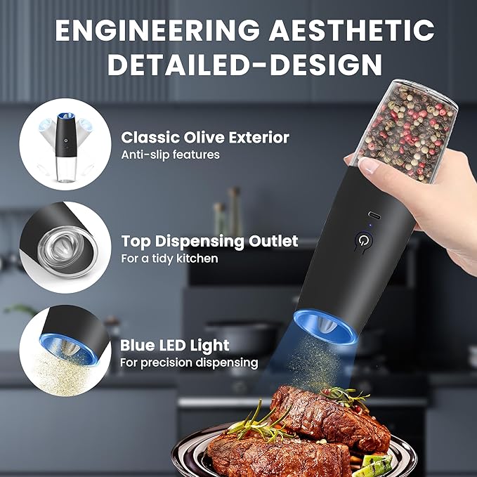 UNNEES Rechargeable Electric Salt and Pepper Grinder set of 2, gravity electric salt and pepper grinder set, Adjustable Roughness, LED Light, 2 Pack, (Black&White)