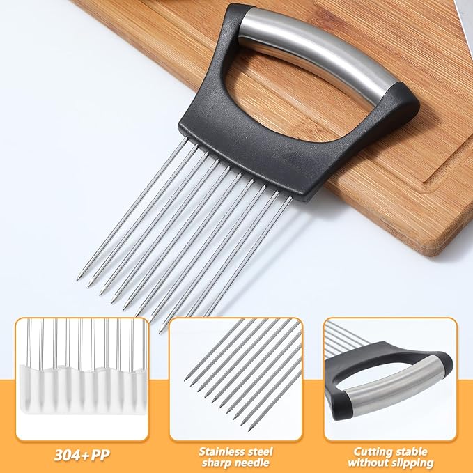 Large Onion Slice Holder Stainless Steel Onion Chopper Vegetable Cutter, Multi-use Kitchen Slicer Tool with 10 Long Needles, Food Slicing Assistant for Meat, Tomato, Potato, Lemon
