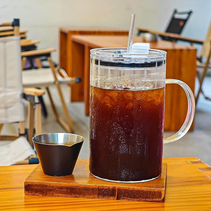 20oz Glass Tumblers with Lids and Straws - Stylish Vintage Ribbed Design for Iced Coffee, Juice, Smoothies, Milkshakes, Cold Beverages & Whiskey Cocktail Beer (Thick Inner Ridge)