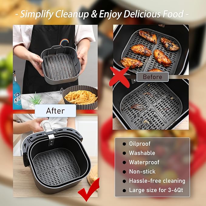 Silicone Liners, Pot 2 Pcs Reusable Non-Stick Air Fryer Basket Bowl Fit 3-5QT Baking Replacement of Flammable Parchment Paper(Round, 6.5 Inch)