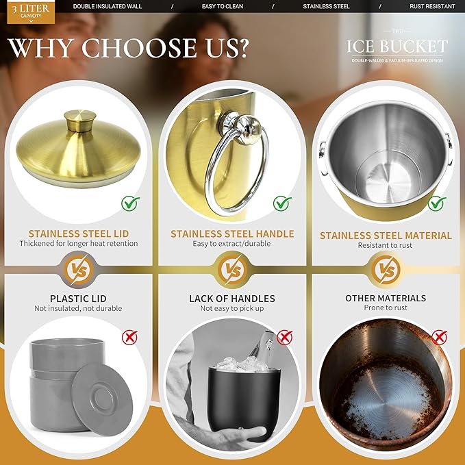 Ice Buckets for Parties with Lid,Tongs and Strainer (3L/Gold) Double Wall Stainless Steel Ice Bucket Keeps Frozen Longer,Ideal Perfect for Parties, Cocktail bar, Chilling Wine, Champagne