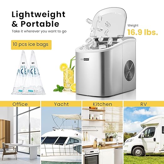 VIVOHOME Electric Portable Compact Countertop Automatic Ice Cube Maker Machine with Hand Scoop 10 Ice Bags and Self Cleaning Function 27lbs/Day Silver