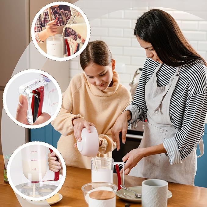 FillTouch 2 Pcs Cupcake Batter Dispenser Pancake Mix Dispenser 4 Cups with Squeeze Handle Tools for Pancake, Cupcake, Cookie, Cake, Waffles, Ice Cream Baking Gifts for Kitchen Housewarming (Red)