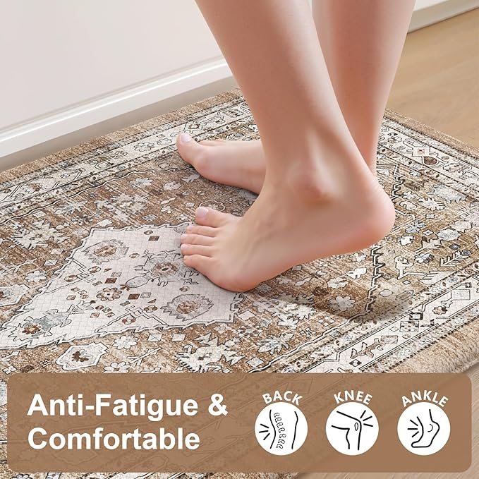 Collive Farmhouse Anti Fatigue Kitchen Mat, Cushioned Kitchen Rug Sets of 2 Waterproof Non Slip Kitchen Floor Mats Ergonomic Comfort Standing Mat for Laundry, Office, Sink, Desk, Cream/Brown