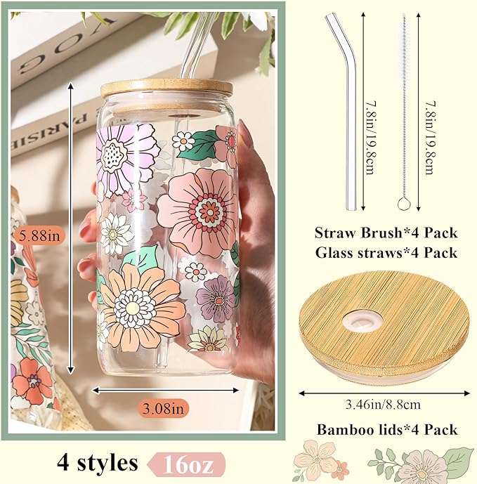 Mumufy 4 Pack Gift for Women Bohemian Flower Cute Glass Cup Tumbler Boho Floral Iced Coffee Mugs 16 oz Glass with Bamboo Lid & Straw, Mothers Day Birthday Gift for Mom Sister Bridesmaid Baby Shower