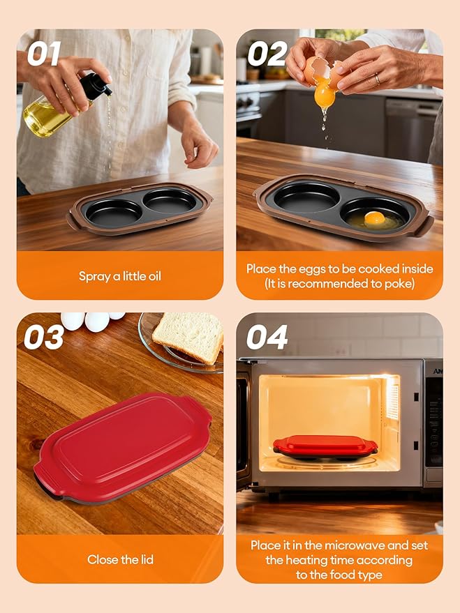 Microwave Egg Cooker, 2 Cavity Microwave Egg Fryer for Breakfast Sandwiches, Fast & Safe Cooking,Portable for Home, Easy to Clean，red