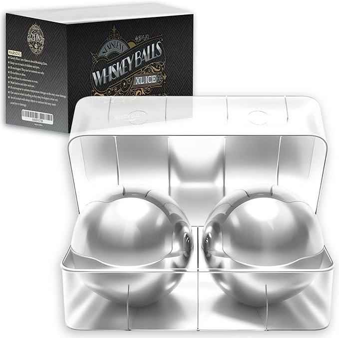 2 Premium XXL 55mm Stainless Steel Ice Whiskey Balls with Freezer Tray-Whiskey Rocks Chilling Stones, Whiskey Stone Ice Cube Balls, Round Chilling Spheres (Not Solid Steel)