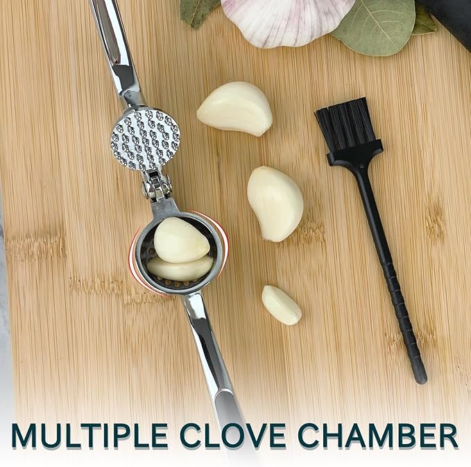 Garlic Press Set - Stainless Steel Press, Easy-Peel Silicone Tool & Brush, Ergonomic Handle for Effortless Mincing, Rust-Proof & Dishwasher Safe for Kitchen Use