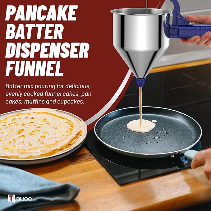 Stainless Steel Pancake Batter Dispenser, 40oz Batter Dispenser with Squeeze Handle, Great for Pancakes, Cupcake, Waffle or Any Baked Goods, Durable, Leak-Free, Klein Blue