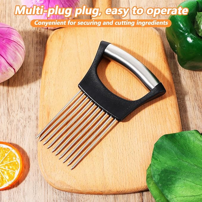 Large Onion Slice Holder Stainless Steel Onion Chopper Vegetable Cutter, Multi-use Kitchen Slicer Tool with 10 Long Needles, Food Slicing Assistant for Meat, Tomato, Potato, Lemon