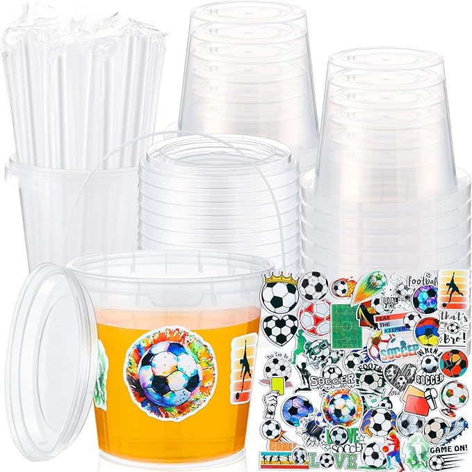 Funnymoom 50 Set Soccer Drinks Buckets with Lids and Straws 24oz Clear Plastic Ice Coffee Cups Disposable Rum Cocktail Pails with Handles for Adult Sports Viewing Game Day & Tailgate Party Supplies