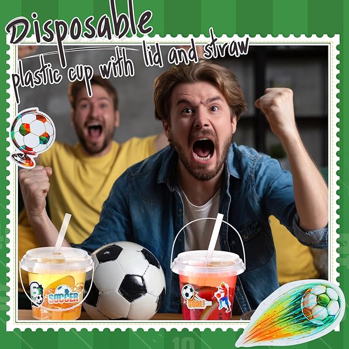 Funnymoom 50 Set Soccer Drinks Buckets with Lids and Straws 24oz Clear Plastic Ice Coffee Cups Disposable Rum Cocktail Pails with Handles for Adult Sports Viewing Game Day & Tailgate Party Supplies