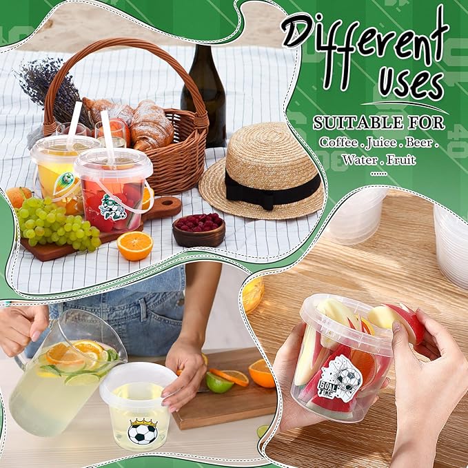 Funnymoom 50 Set Soccer Drinks Buckets with Lids and Straws 24oz Clear Plastic Ice Coffee Cups Disposable Rum Cocktail Pails with Handles for Adult Sports Viewing Game Day & Tailgate Party Supplies