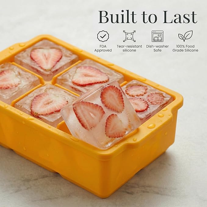 KitchFort Large Silicone Ice Cube Tray (2-Pack), Easy Release 2" Big Ice Cubes - Cocktail, Whiskey Ice Cubes Mold - Ice Trays for Freezer with Lid - Stackable Silicone Ice Tray - Mustard Yellow