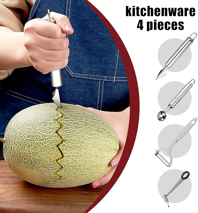 4-Piece Kitchen Spiral And V-Shaped Tools, Vegetable Peeler, Crinkle Cutter Knife, Multifunctional Kitchen Set, Manual Kitchen Tools for Creative Food Decoration（Silvery）