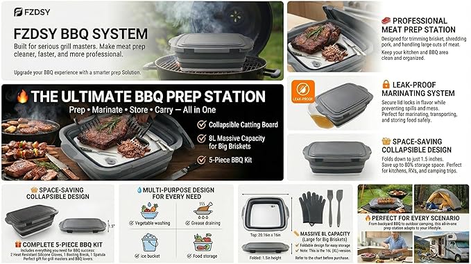 Collapsible BBQ Prep Tub with Lid & Cutting Board 8L - Meat Marinating Basin & Grill Carry System - 5pc Set with Heat Resistant Gloves, Basting Brush & Spatula(Black, Large, 8L)