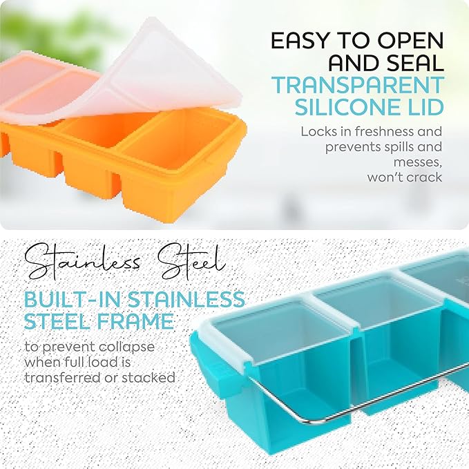 XOMOO Silicone Freezer Tray With Lid - Soup Freezer Container molds - Large Ice Cube Tray- makes 8 perfect 1 cup portions cubes, 2-Pack Freezer Storage Food Soups & Meal Prep - Oven & Dishwasher -Safe