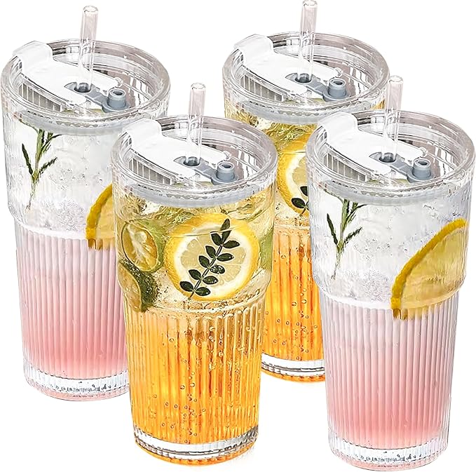 220 oz Glass Tumbler with Lid and Straw, 4 Pack Clear Ribbed Iced Coffee Cup, High Borosilicate Glass Tumbler, Reusable Vintage Glassware for Iced Coffee, Smoothies, Cocktails, and Juices (Pattern)