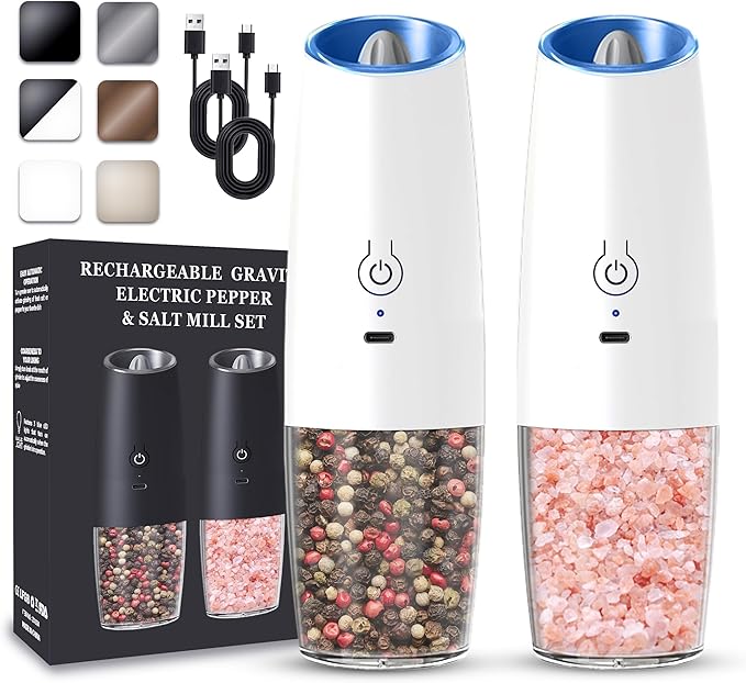 UNNEES Rechargeable Electric Salt and Pepper Grinder set of 2, gravity electric salt and pepper grinder set, Adjustable Roughness, LED Light, 2 Pack, (White)