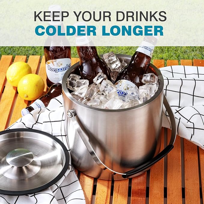 FrutPunch 4L Ice Bucket with Lid, Scoop, Tongs and Strainer, Double Wall Stainless Steel Ice Buckets for Parties, Cocktail Bar, Chilling Wine, Champagne, Large Outdoor Champagne Ice Container