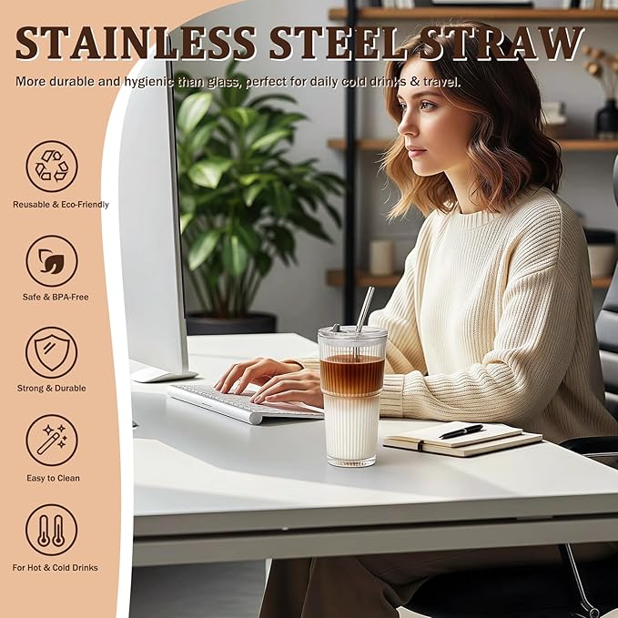 2 Packs Ribbed Glass Tumbler with Lid and Straw 16 oz Cute Ice Coffee Cup Set for Smoothie Juice Matcha Tea Latte Cappuccino Espresso Hot Coffe Water Reusable Clear Travel Mug Aesthetic Drinking Mug