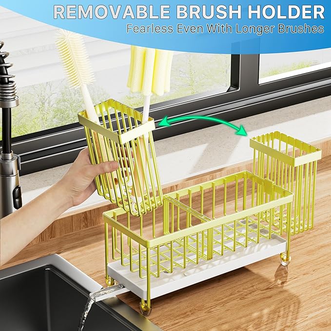 Cisily Sponge Holder for Kitchen Sink, Sink Caddy Organizer with High Brush Holder, Kitchen Countertop Organizers and Storage Essentials, Rustproof 304 Stainless Steel (Gold, 9.25″)