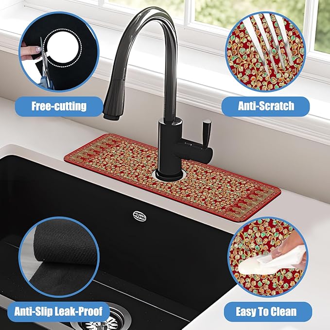 Sink Splash Guard Faucet Mat Red Retro Boho Flowers Absorbent Fast Drying Mat Sink Gadgets Splash Guard Behind Faucet Drip Catcher for Kitchen Bathroom 15.5"X5.5"
