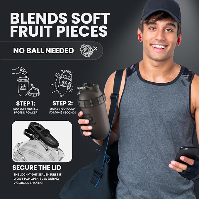 SHAKESPHERE Shaker Bottle - 24oz Leak Proof Protein Shaker Bottle for Pre Workout, Smoothie, and Powder Drink Mixes, No-Blade Mixer for Gym, BPA-Free, Easy Clean & Easy to Carry (Frosted Black)
