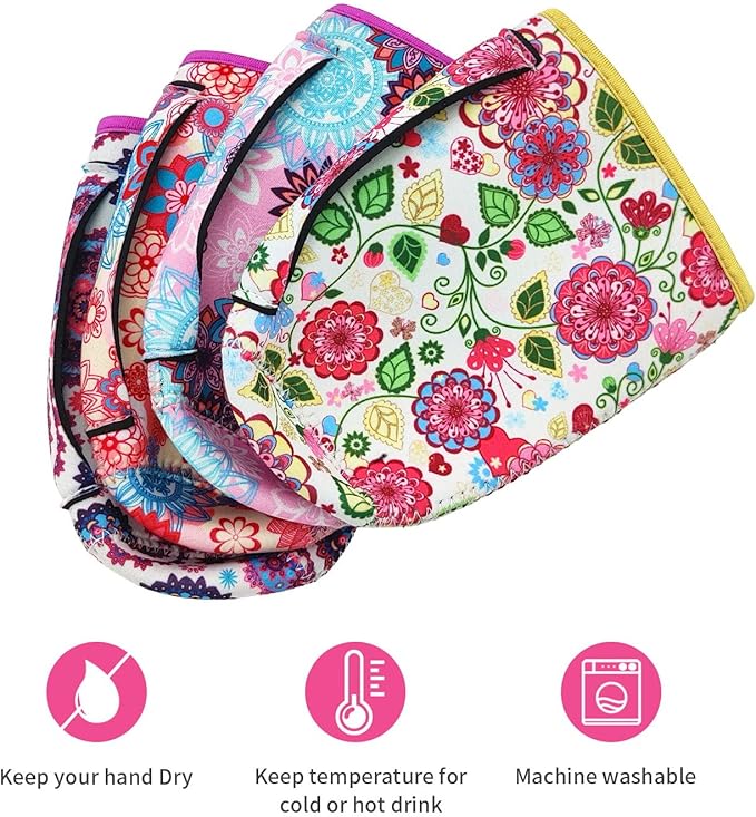 4Pack Reusable Iced Coffee Sleeve Insulator Sleeves for Cold Drinks Beverages, Neoprene Cup Holder With Handle for Most Coffee, Fits 30-32 Oz Large Cups, Mandala Flower with handle