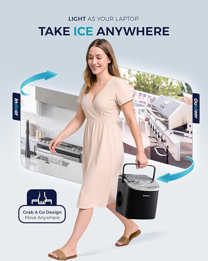 EUHOMY Countertop Ice Maker Machine with Handle, 26.5lbs Per Day, 9 Ice Cubes Ready in 6 Mins, Auto-Cleaning Portable Ice Maker with Basket and Scoop, for Home/Kitchen/Camping/RV (Black)
