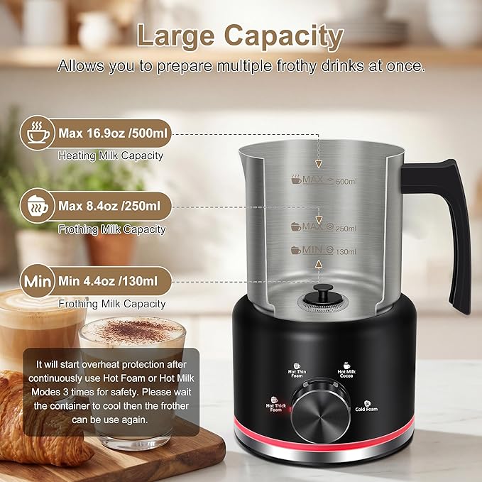 Milk Frother, 16.9 OZ Milk Frother and Steamer, 4 in 1 Electric Milk Frother Dishwasher Safe Durable Silent Frother for Coffee Hot and Cold Foam Maker (Black Stainless)