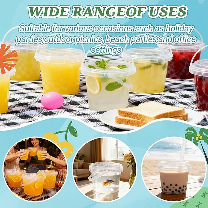 50 Sets 24 oz Clear Plastic Drink Buckets with Lids, Straws and Handles, PP Disposable Cups for Smoothies, Ice Cream, Outdoor Travel, Beach, Pool and Party Supplies