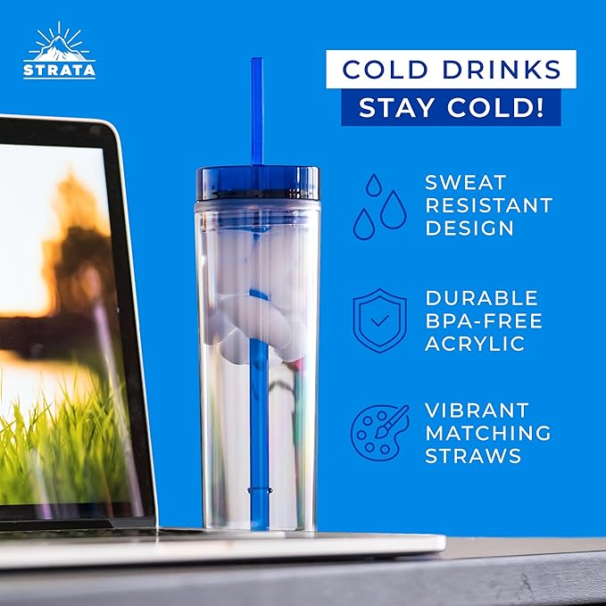 SKINNY TUMBLERS 4 Colored Acrylic Tumblers with Lids and Straws | Skinny, 16oz Double Wall Clear Plastic Tumblers With FREE Straw Cleaner & Name Tags! (Multicolor, 4)