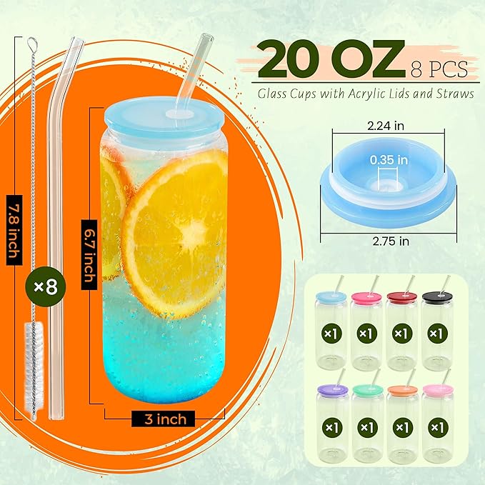 Joyclub 20 oz Glass Cups with Acrylic Lids and Straws 8pcs Can Shaped Glass Iced Coffee Cups with Lids, Drinking Jar Glasses Cute Tumbler Cup Great for Smoothie Soda Boba Tea Cocktail Beer Gift