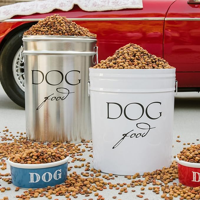 Harry Barker Classic White Dog Food Storage Canister – Medium, Airtight Stainless Steel Pet Food Container, Holds Up to 22 lbs Dry Dog Food, Kitchen Counter & Pantry Storage - White